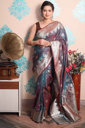 turquoise woven banarasi silk blend saree with blouse