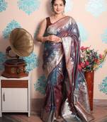 turquoise woven banarasi silk blend saree with blouse