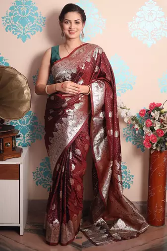 maroon woven banarasi silk blend saree with blouse