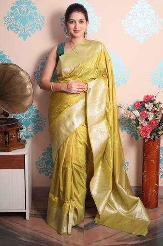 lime woven banarasi silk blend saree with blouse