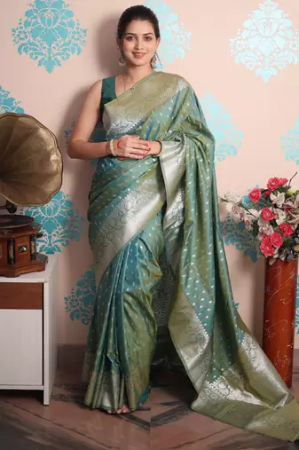 turquoise woven banarasi silk blend saree with blouse