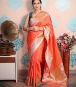 peach woven banarasi silk blend saree with blouse