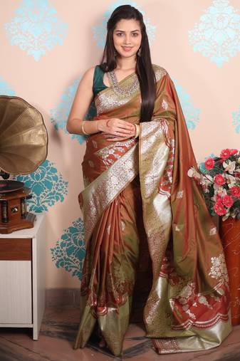 brown woven banarasi silk blend saree with blouse