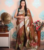 brown woven banarasi silk blend saree with blouse