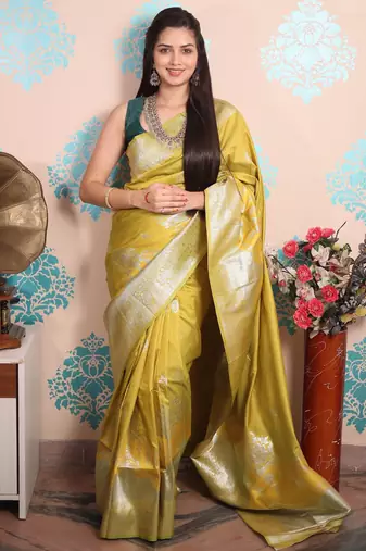 mustard woven banarasi silk blend saree with blouse