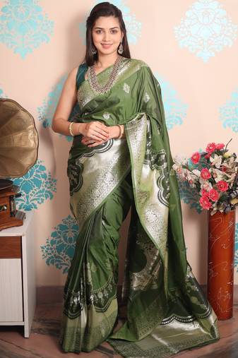 green woven banarasi silk blend saree with blouse