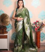 green woven banarasi silk blend saree with blouse
