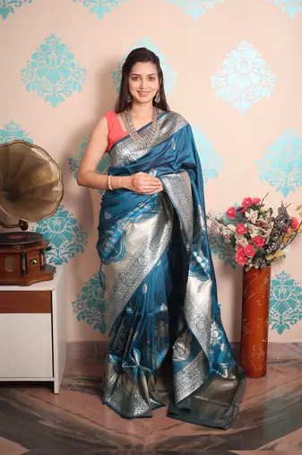 blue woven banarasi silk blend saree with blouse
