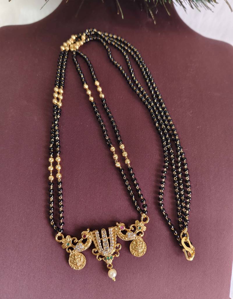 Gold plated temple balaji black beads neckalce