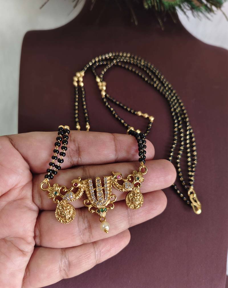 Gold plated temple balaji black beads neckalce