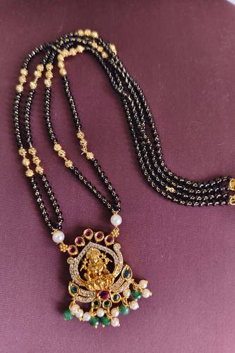 Gold plated temple lakshmi black beads necklace
