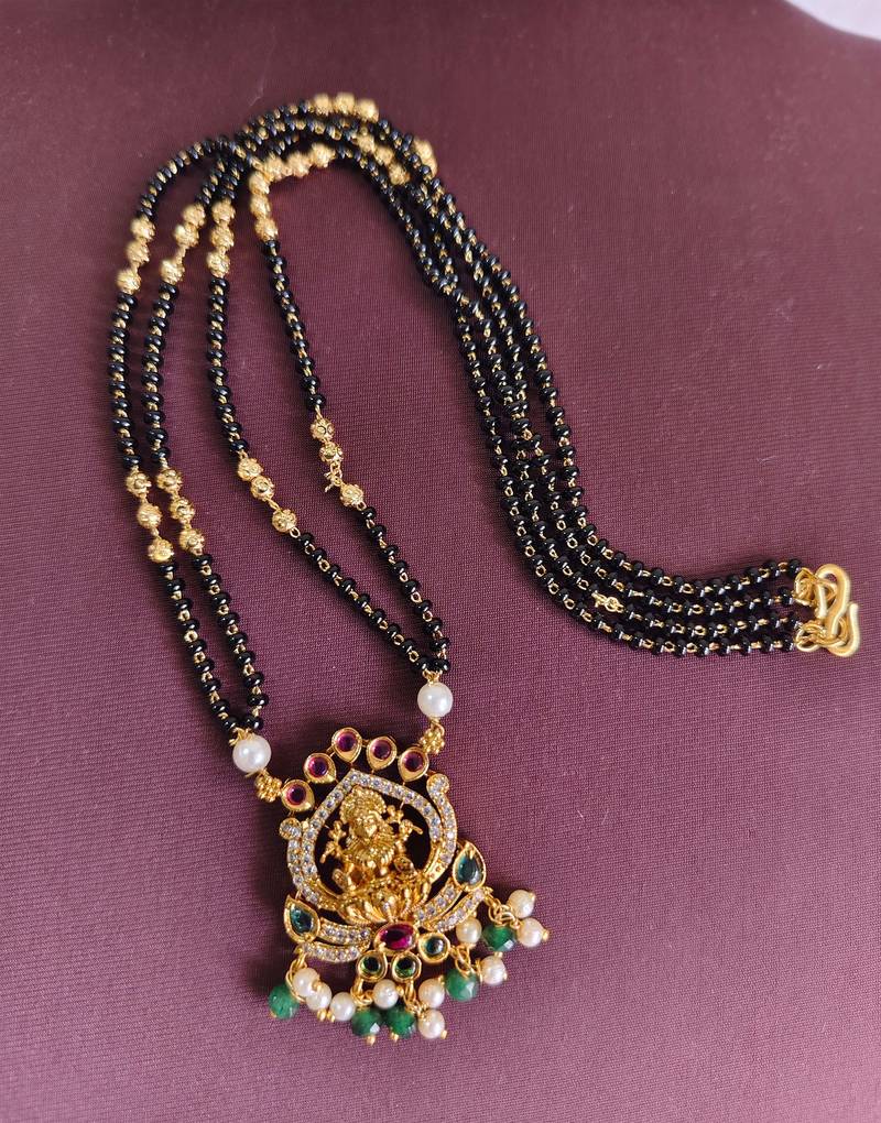 Gold plated temple lakshmi black beads necklace