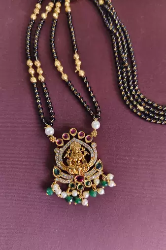 Gold plated temple lakshmi black beads necklace