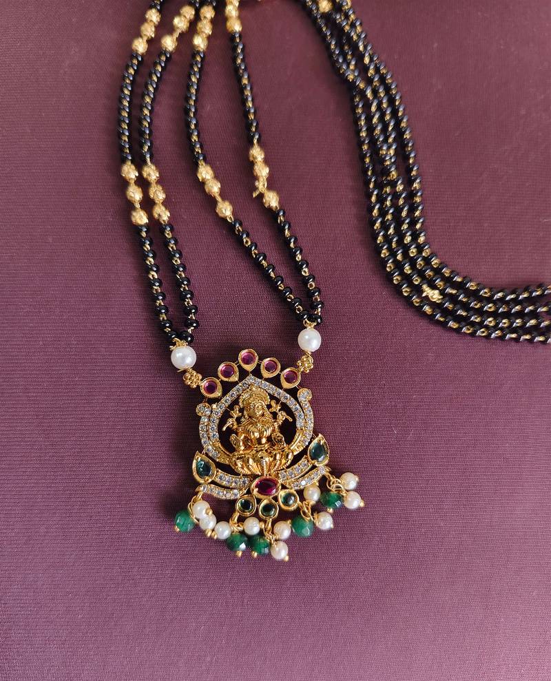 Gold plated temple lakshmi black beads necklace