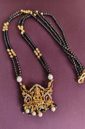 Gold plated temple lakshmi black beads necklace