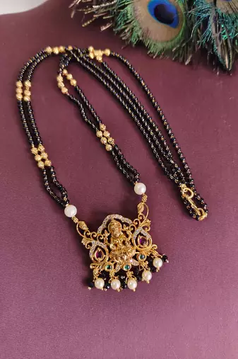 Gold plated temple lakshmi black beads necklace
