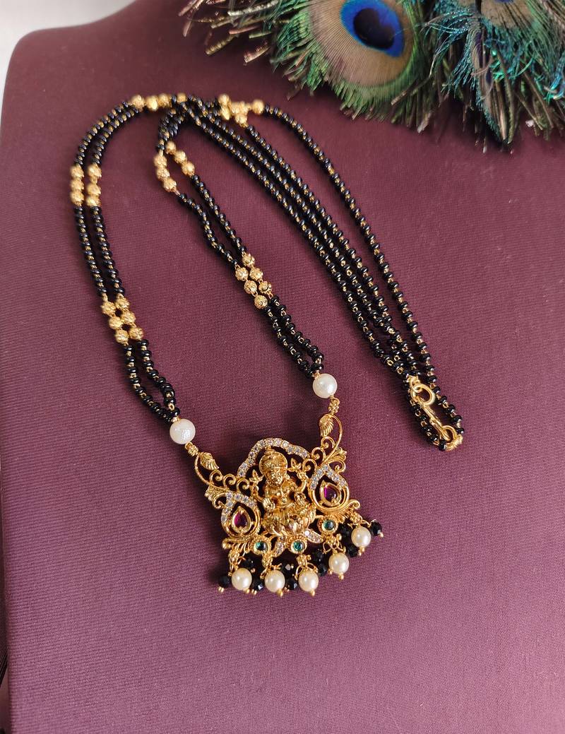Gold plated temple lakshmi black beads necklace