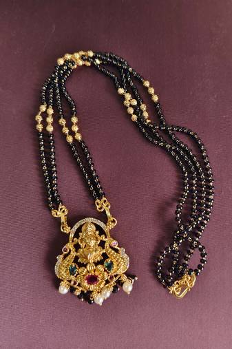 Gold plated peacock temple lakshmi black beads necklace