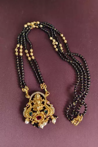Gold plated peacock temple lakshmi black beads necklace