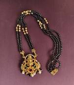 Gold plated peacock temple lakshmi black beads necklace