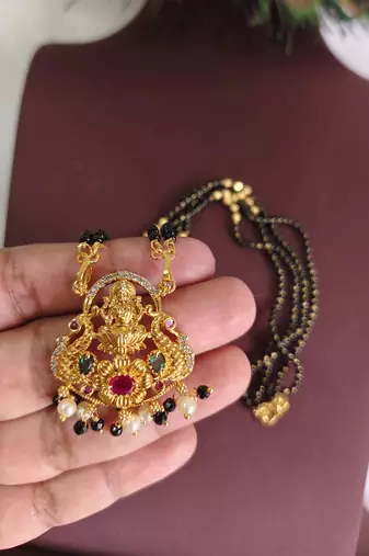 Gold plated peacock temple lakshmi black beads necklace