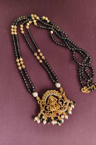 Gold plated lakshmi temple stone black beads necklace