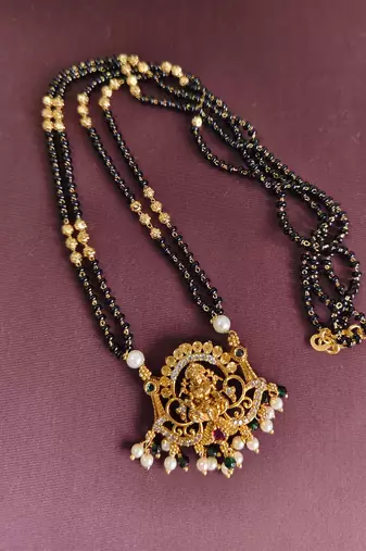 Gold plated lakshmi temple stone black beads necklace