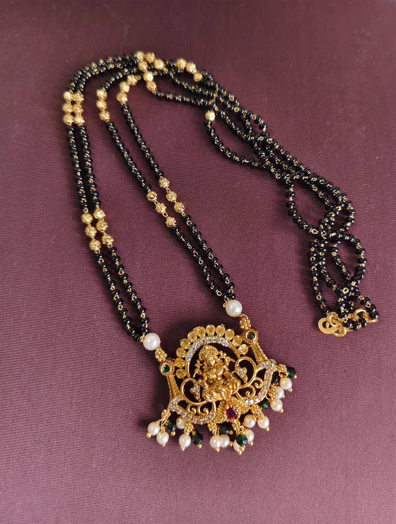 Gold plated lakshmi temple stone black beads necklace