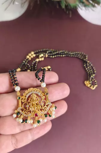Gold plated lakshmi temple stone black beads necklace