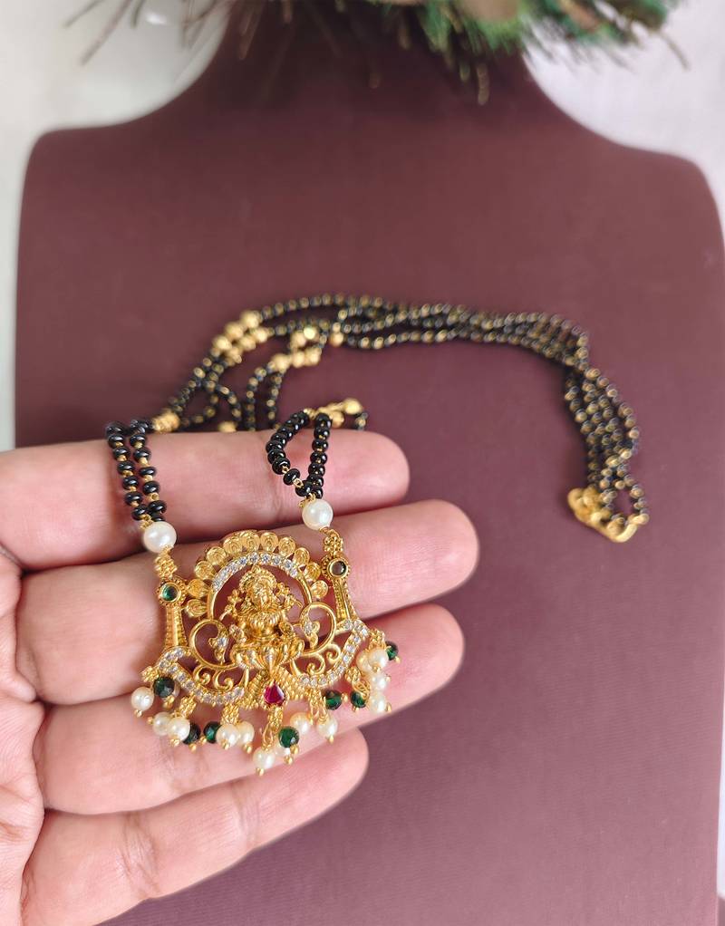 Gold plated lakshmi temple stone black beads necklace