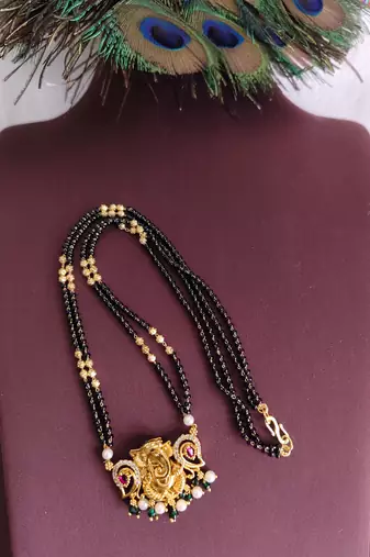 Gold plated temple ganesha black beads necklace
