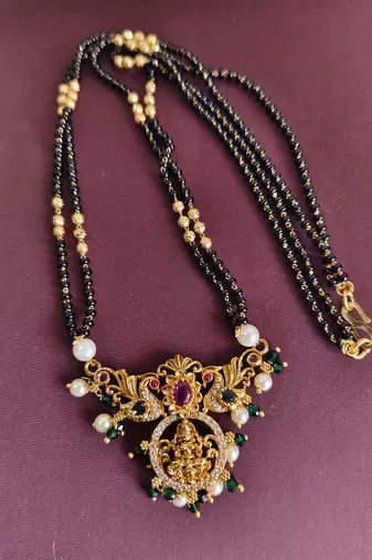 Gold plated temple lakshmi peacock stone black beads necklace