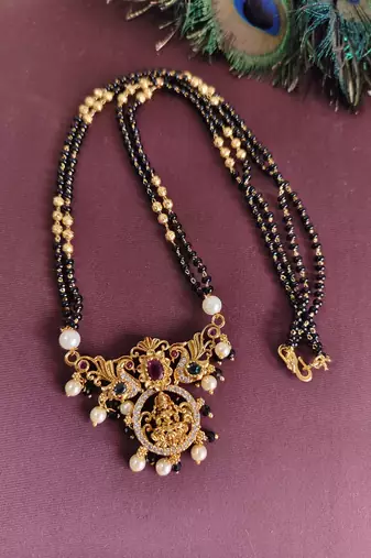 Gold plated temple lakshmi peacock stone black beads necklace