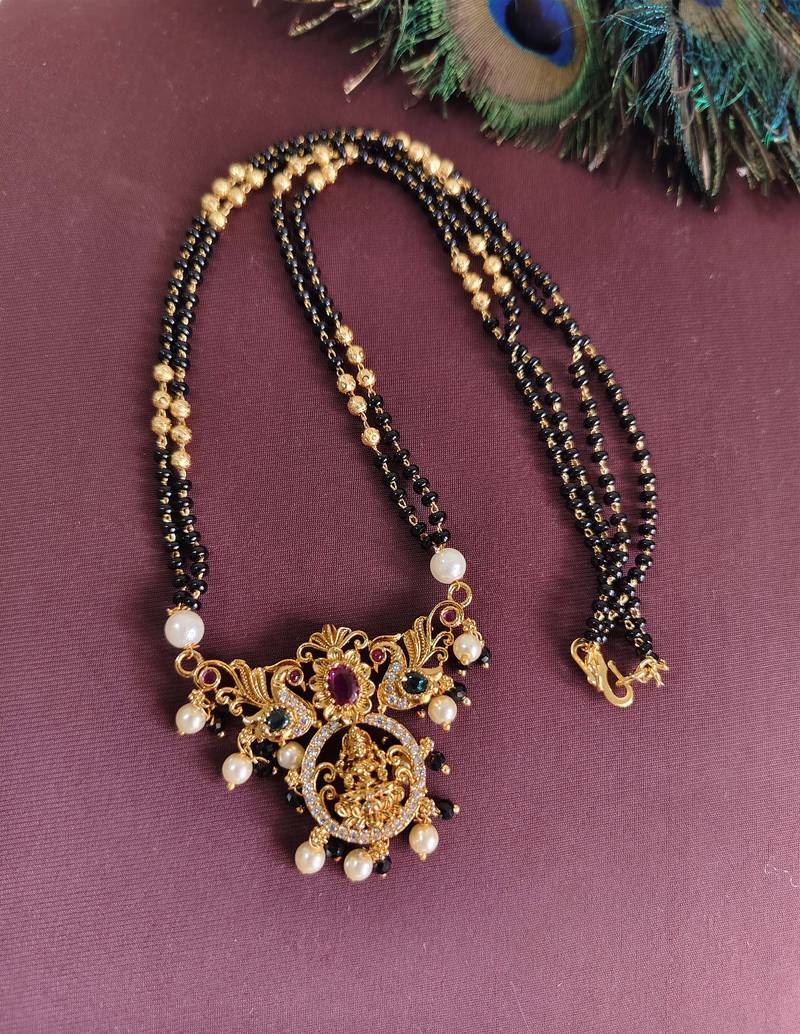 Gold plated temple lakshmi peacock stone black beads necklace