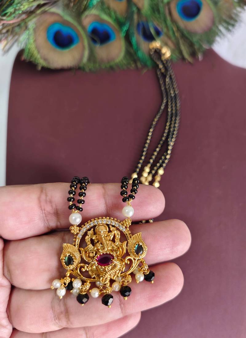 Gold plated temple ganesh black beads necklace