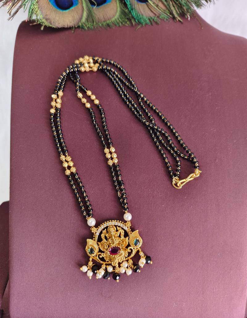 Gold plated temple ganesh black beads necklace