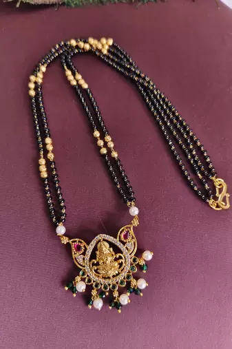 Gold plated temple lakshmi black beads necklace