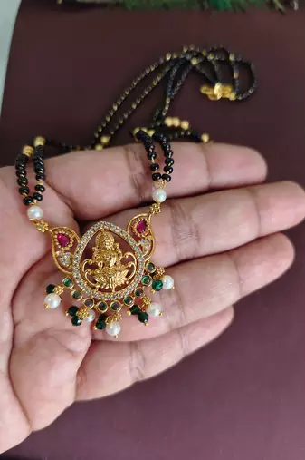 Gold plated temple lakshmi black beads necklace