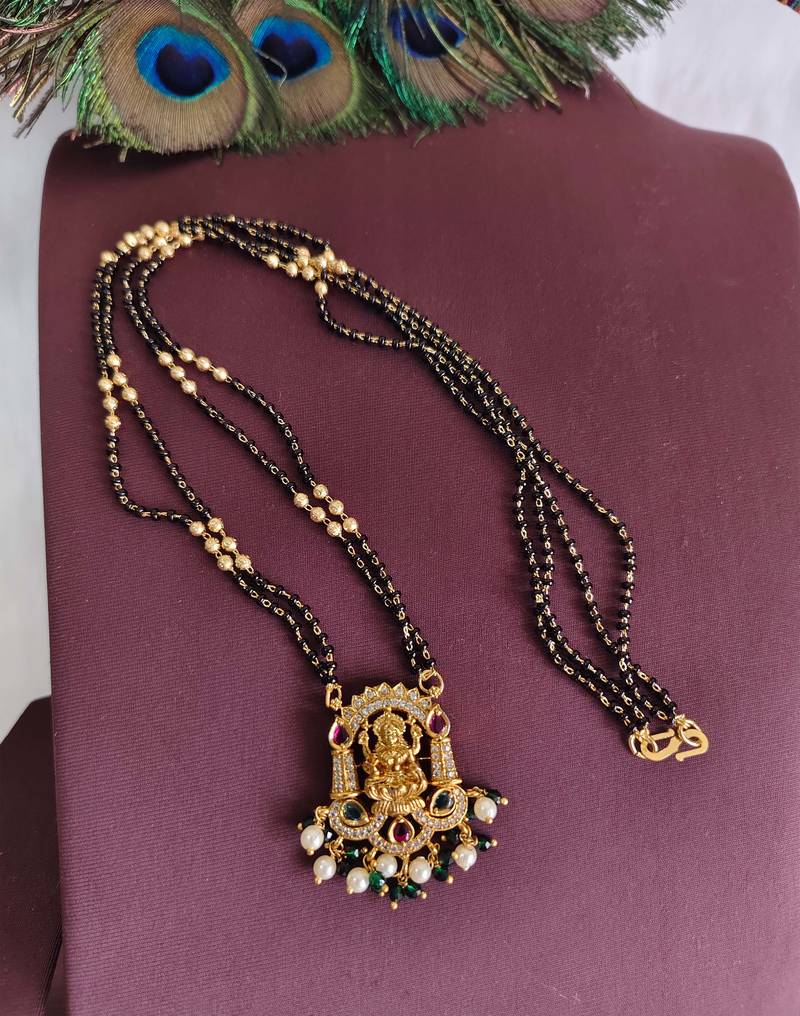 Gold plated temple lakshmi stone black beads necklace