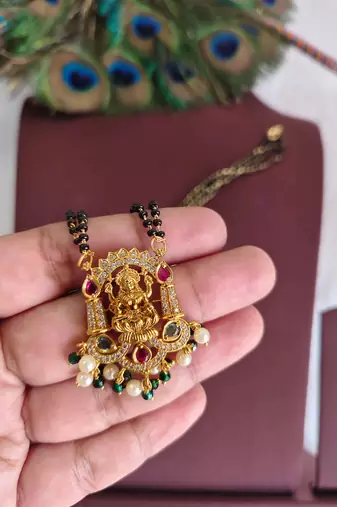 Gold plated temple lakshmi stone black beads necklace