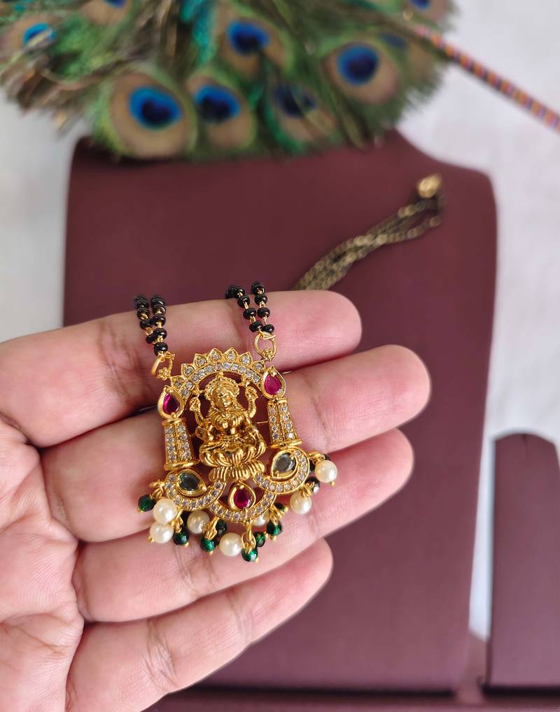 Gold plated temple lakshmi stone black beads necklace