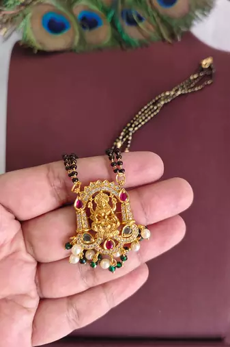 Gold plated temple lakshmi stone black beads necklace