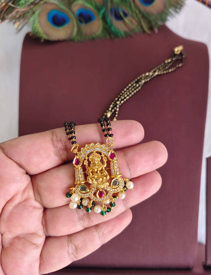 Gold plated temple lakshmi stone black beads necklace