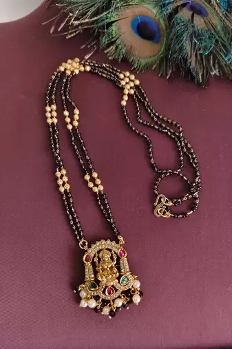 Gold plated temple lakshmi stone black beads necklace