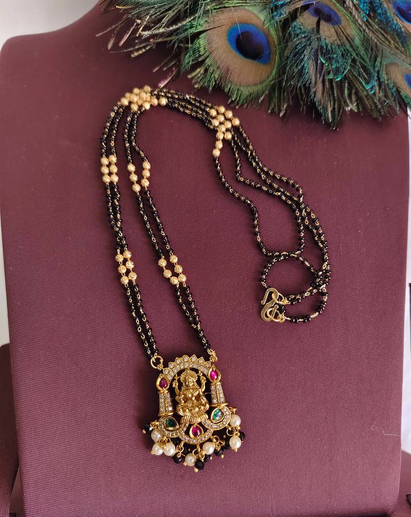 Gold plated temple lakshmi stone black beads necklace