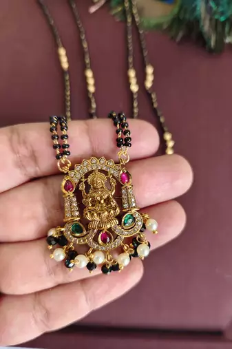 Gold plated temple lakshmi stone black beads necklace