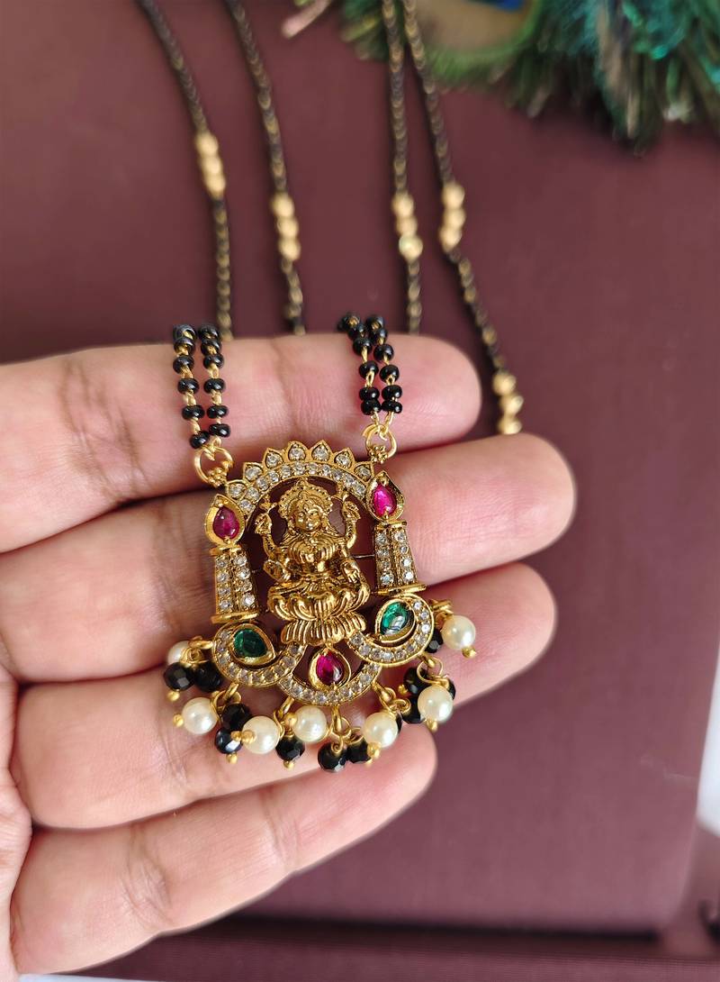 Gold plated temple lakshmi stone black beads necklace