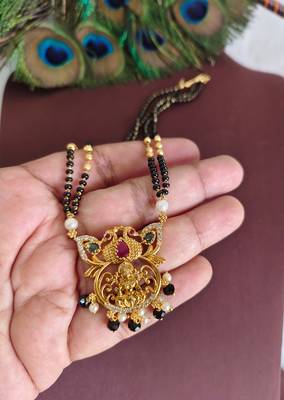 Gold plated peacock temple lakshmi black beads necklace 1