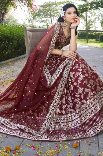 MAROON DOLA SILK SEQUINS ZARI EMBROIDERED LEHENGA CHOLI