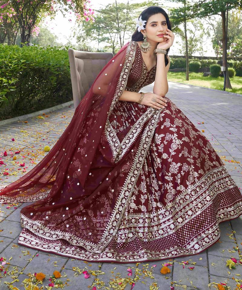 MAROON DOLA SILK SEQUINS ZARI EMBROIDERED LEHENGA CHOLI